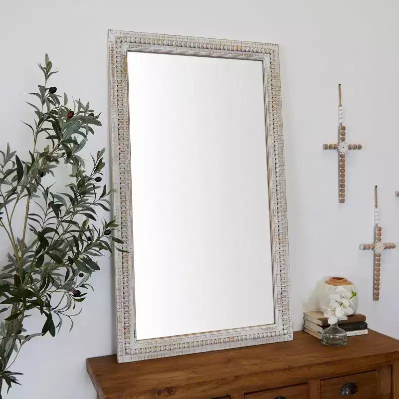Specchio da parete in legno intagliato con perline 48"x28" bianco - Rettangolare moderno in legno, nessun montaggio richiesto