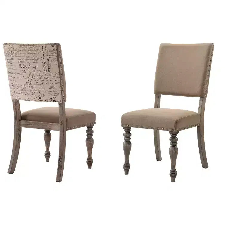 Sedia da pranzo Birmingham Script con stampa e finitura Driftwood con borchie, set da 2