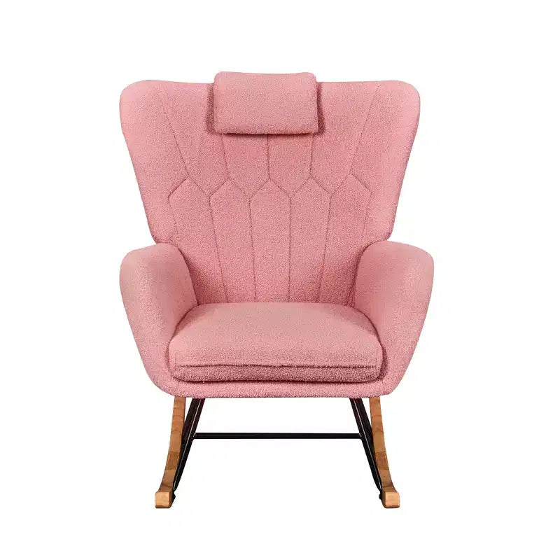 Poltrona a dondolo con rivestimento in similpelle/tessuto Teddy, dondolo moderno con poggiatesta spesso e seduta imbottita Bianco/Marrone/Rosa