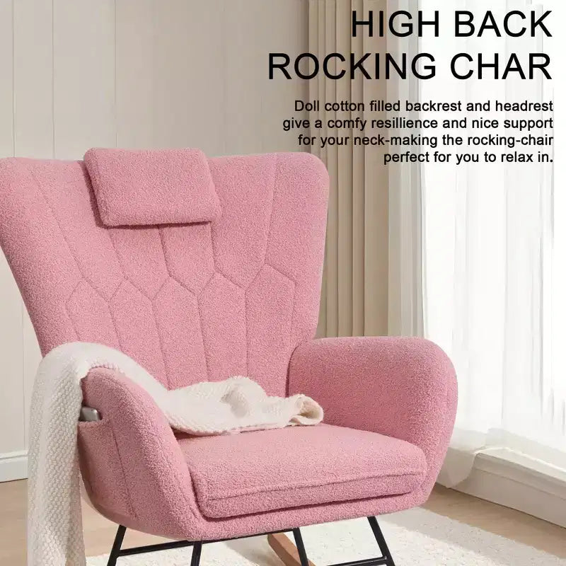 Poltrona a dondolo con rivestimento in similpelle/tessuto Teddy, dondolo moderno con poggiatesta spesso e seduta imbottita Bianco/Marrone/Rosa