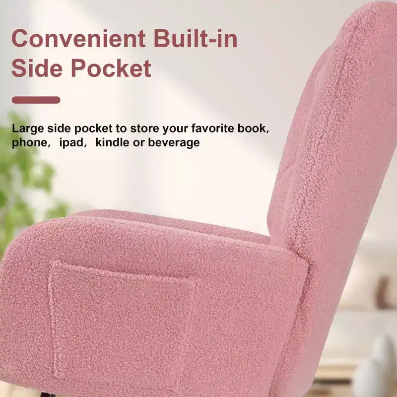 Poltrona a dondolo con rivestimento in similpelle/tessuto Teddy, dondolo moderno con poggiatesta spesso e seduta imbottita Bianco/Marrone/Rosa