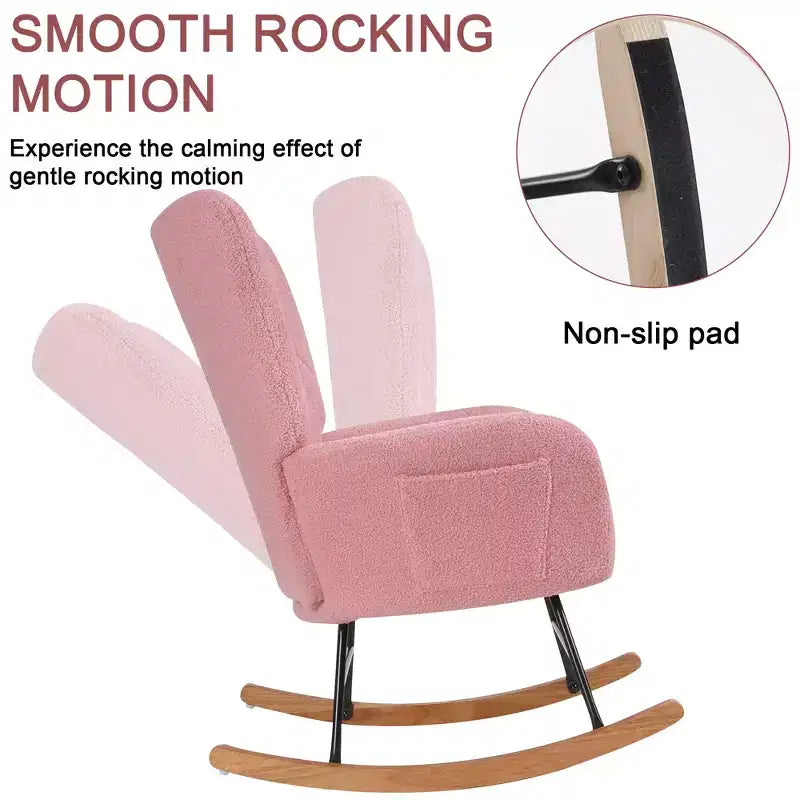 Poltrona a dondolo con rivestimento in similpelle/tessuto Teddy, dondolo moderno con poggiatesta spesso e seduta imbottita Bianco/Marrone/Rosa