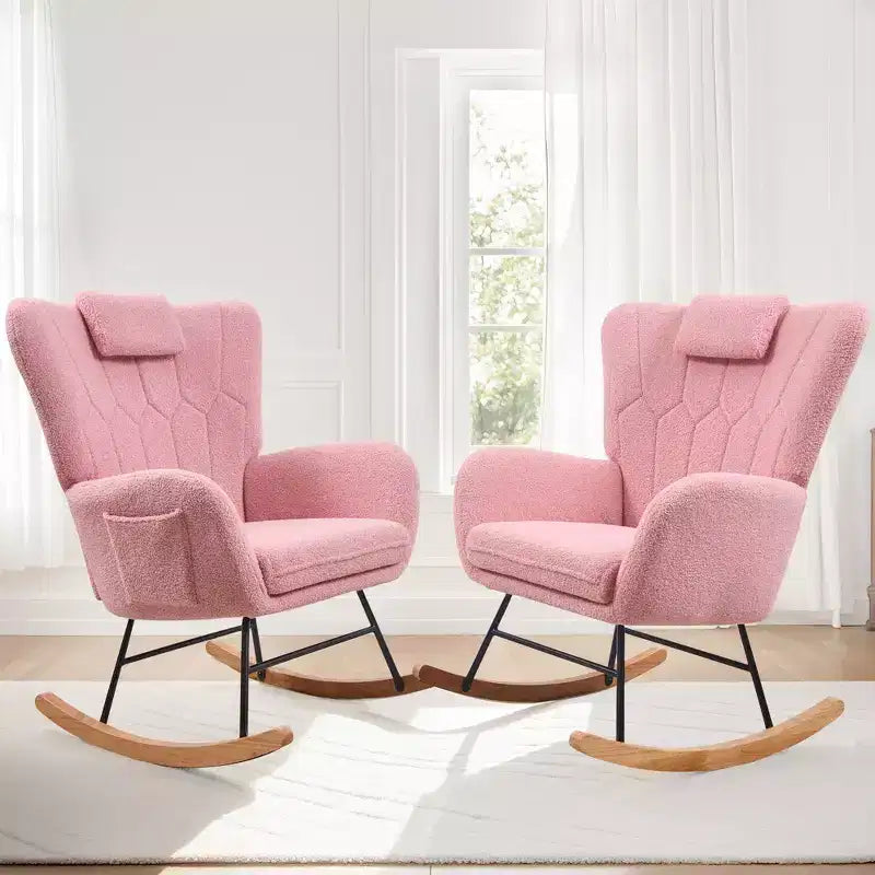 Poltrona a dondolo con rivestimento in similpelle/tessuto Teddy, dondolo moderno con poggiatesta spesso e seduta imbottita Bianco/Marrone/Rosa