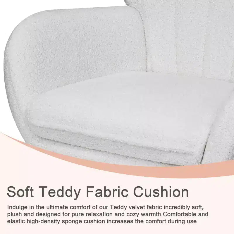 Poltrona a dondolo con rivestimento in similpelle/tessuto Teddy, dondolo moderno con poggiatesta spesso e seduta imbottita Bianco/Marrone/Rosa