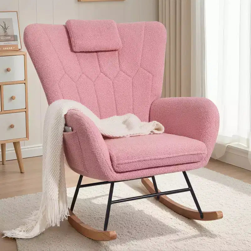 Poltrona a dondolo con rivestimento in similpelle/tessuto Teddy, dondolo moderno con poggiatesta spesso e seduta imbottita Bianco/Marrone/Rosa