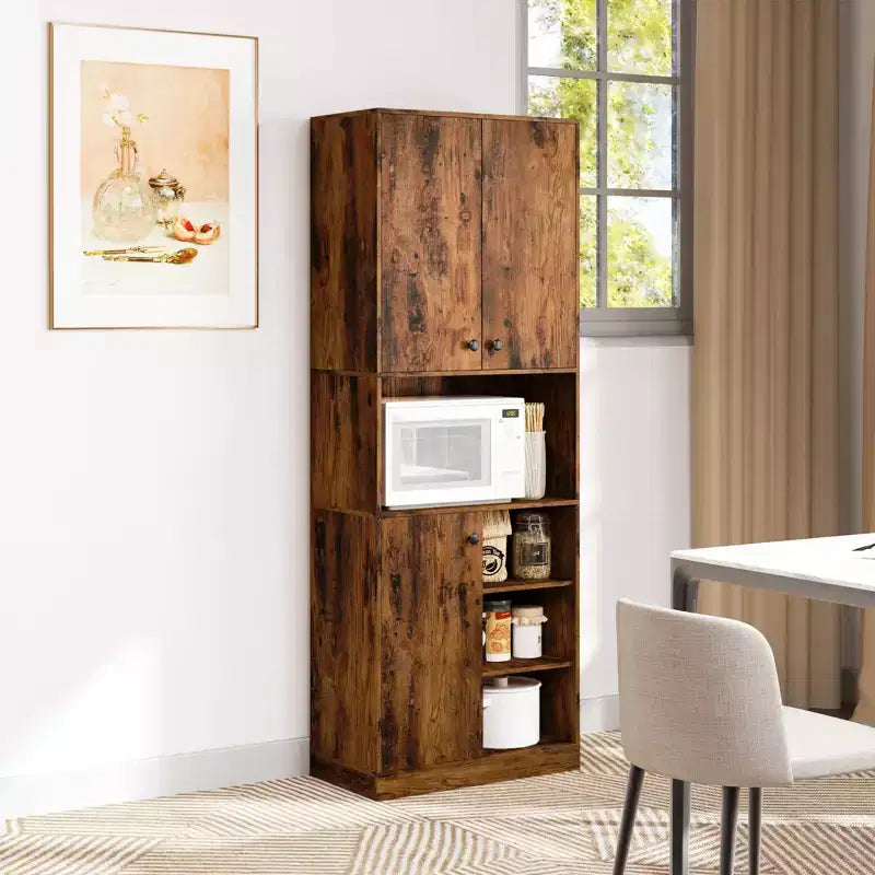Dispensa da Cucina 166.37 cm Alta Credenza Moderna con Ripiano per Microonde Marrone/Bianco