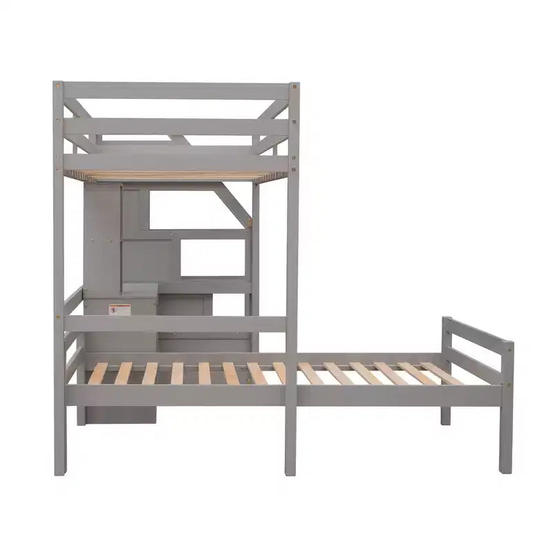 Letto a soppalco matrimoniale 241,3 cm L x 201,9 cm W con letto indipendente, scala contenitore, scrivania, mensole e cassetti