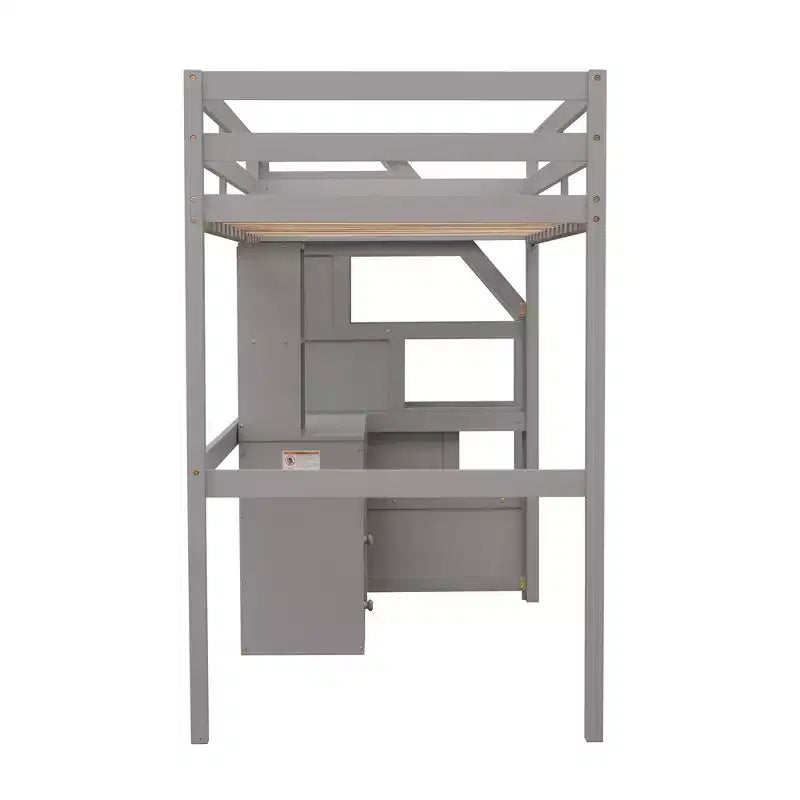 Letto a soppalco matrimoniale 241,3 cm L x 201,9 cm W con letto indipendente, scala contenitore, scrivania, mensole e cassetti
