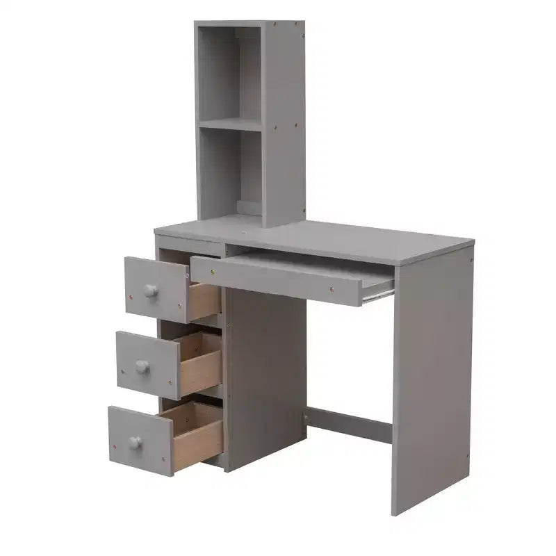 Letto a soppalco matrimoniale 241,3 cm L x 201,9 cm W con letto indipendente, scala contenitore, scrivania, mensole e cassetti