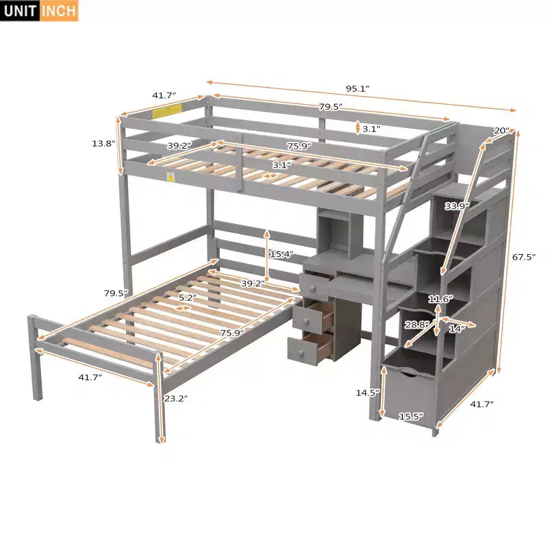 Letto a soppalco matrimoniale 241,3 cm L x 201,9 cm W con letto indipendente, scala contenitore, scrivania, mensole e cassetti