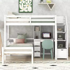 Letto a soppalco matrimoniale 241,3 cm L x 201,9 cm W con letto indipendente, scala contenitore, scrivania, mensole e cassetti