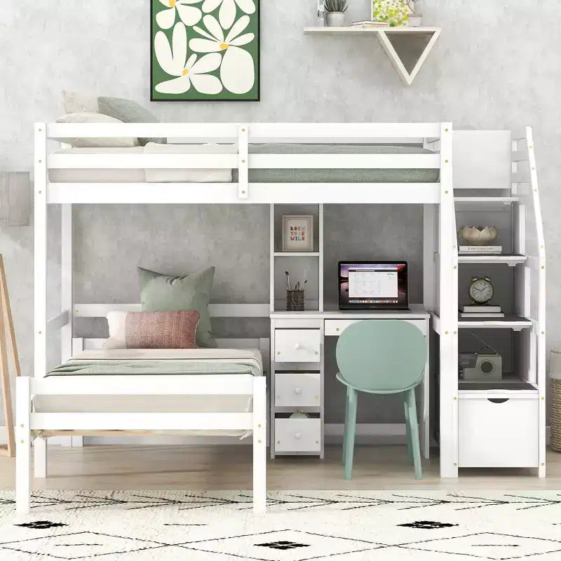 Letto a soppalco matrimoniale 241,3 cm L x 201,9 cm W con letto indipendente, scala contenitore, scrivania, mensole e cassetti