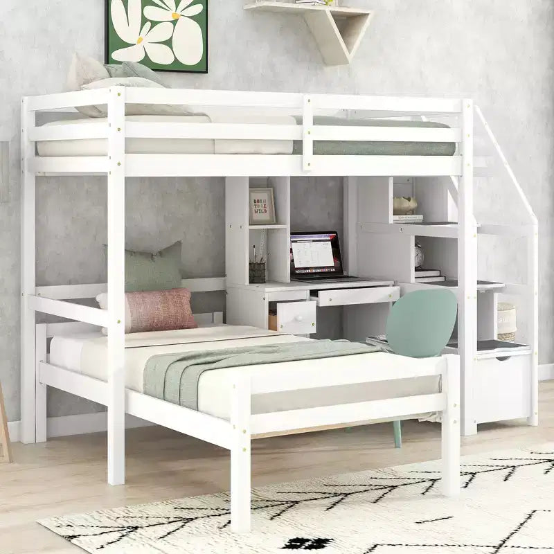 Letto a soppalco matrimoniale 241,3 cm L x 201,9 cm W con letto indipendente, scala contenitore, scrivania, mensole e cassetti