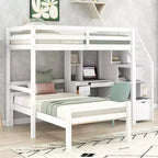 Letto a soppalco matrimoniale 241,3 cm L x 201,9 cm W con letto indipendente, scala contenitore, scrivania, mensole e cassetti