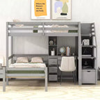 Letto a soppalco matrimoniale 241,3 cm L x 201,9 cm W con letto indipendente, scala contenitore, scrivania, mensole e cassetti