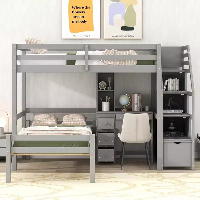 Letto a soppalco matrimoniale 241,3 cm L x 201,9 cm W con letto indipendente, scala contenitore, scrivania, mensole e cassetti
