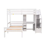 Letto a soppalco matrimoniale 241,3 cm L x 201,9 cm W con letto indipendente, scala contenitore, scrivania, mensole e cassetti