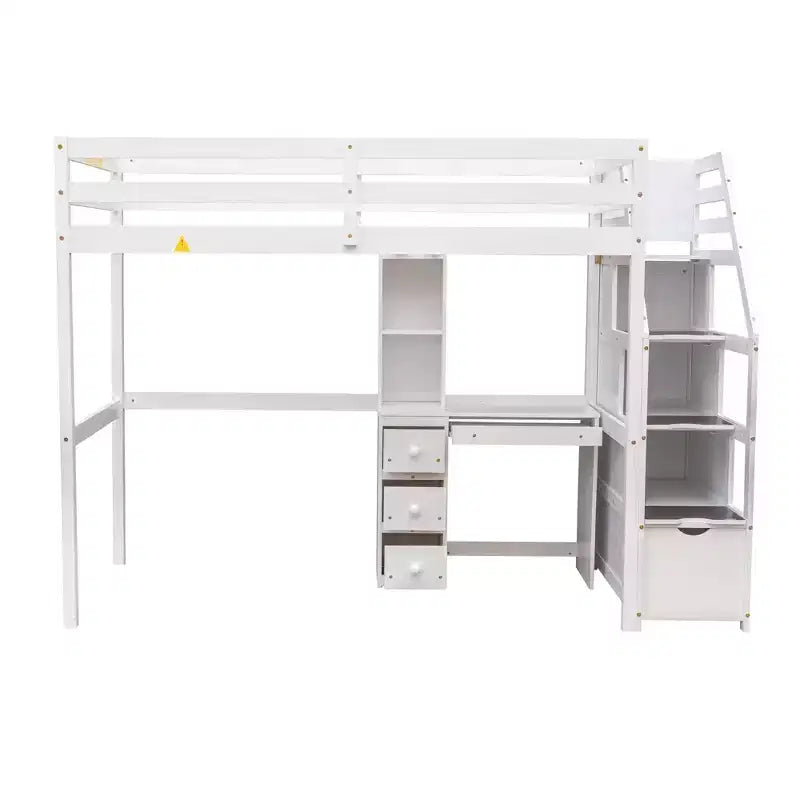 Letto a soppalco matrimoniale 241,3 cm L x 201,9 cm W con letto indipendente, scala contenitore, scrivania, mensole e cassetti
