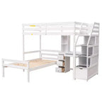 Letto a soppalco matrimoniale 241,3 cm L x 201,9 cm W con letto indipendente, scala contenitore, scrivania, mensole e cassetti