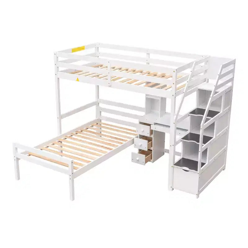 Letto a soppalco matrimoniale 241,3 cm L x 201,9 cm W con letto indipendente, scala contenitore, scrivania, mensole e cassetti