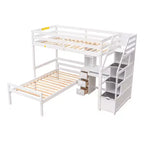 Letto a soppalco matrimoniale 241,3 cm L x 201,9 cm W con letto indipendente, scala contenitore, scrivania, mensole e cassetti
