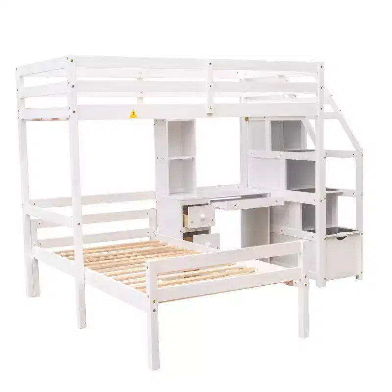 Letto a soppalco matrimoniale 241,3 cm L x 201,9 cm W con letto indipendente, scala contenitore, scrivania, mensole e cassetti