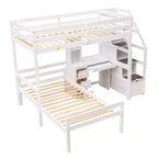 Letto a soppalco matrimoniale 241,3 cm L x 201,9 cm W con letto indipendente, scala contenitore, scrivania, mensole e cassetti