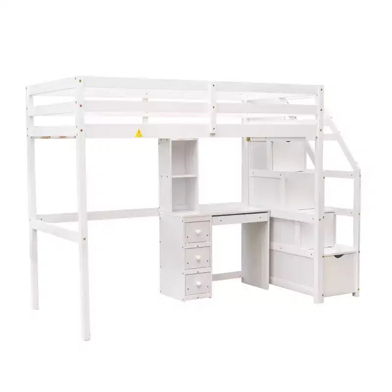 Letto a soppalco matrimoniale 241,3 cm L x 201,9 cm W con letto indipendente, scala contenitore, scrivania, mensole e cassetti