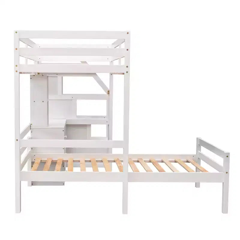 Letto a soppalco matrimoniale 241,3 cm L x 201,9 cm W con letto indipendente, scala contenitore, scrivania, mensole e cassetti