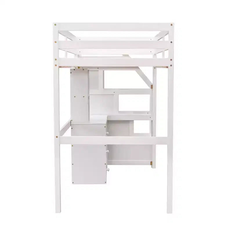 Letto a soppalco matrimoniale 241,3 cm L x 201,9 cm W con letto indipendente, scala contenitore, scrivania, mensole e cassetti