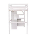 Letto a soppalco matrimoniale 241,3 cm L x 201,9 cm W con letto indipendente, scala contenitore, scrivania, mensole e cassetti