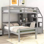 Letto a soppalco matrimoniale 241,3 cm L x 201,9 cm W con letto indipendente, scala contenitore, scrivania, mensole e cassetti