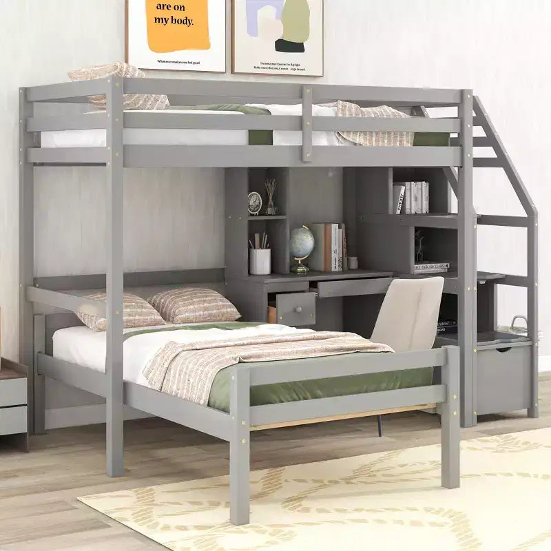 Letto a soppalco matrimoniale 241,3 cm L x 201,9 cm W con letto indipendente, scala contenitore, scrivania, mensole e cassetti