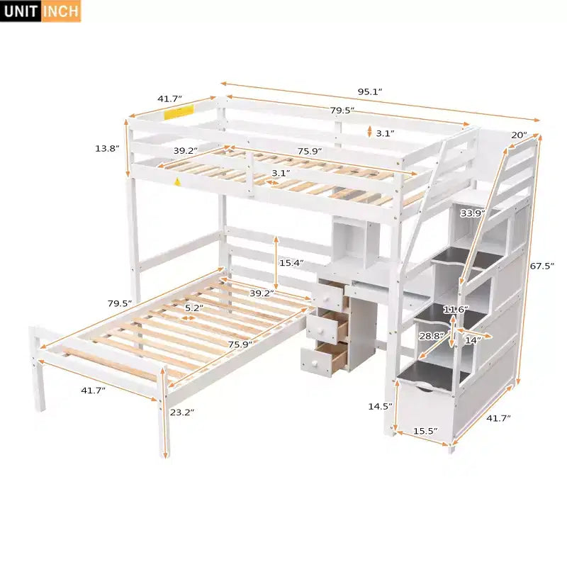 Letto a soppalco matrimoniale 241,3 cm L x 201,9 cm W con letto indipendente, scala contenitore, scrivania, mensole e cassetti
