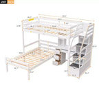 Letto a soppalco matrimoniale 241,3 cm L x 201,9 cm W con letto indipendente, scala contenitore, scrivania, mensole e cassetti