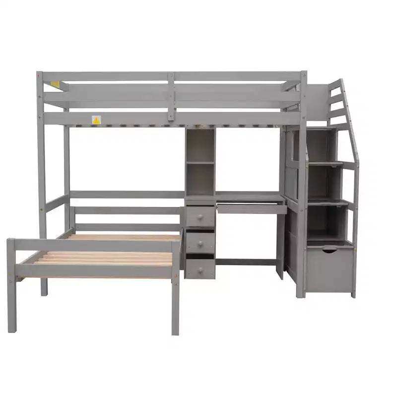 Letto a soppalco matrimoniale 241,3 cm L x 201,9 cm W con letto indipendente, scala contenitore, scrivania, mensole e cassetti