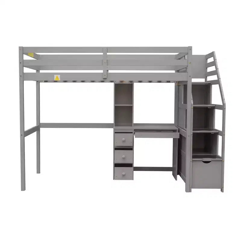 Letto a soppalco matrimoniale 241,3 cm L x 201,9 cm W con letto indipendente, scala contenitore, scrivania, mensole e cassetti