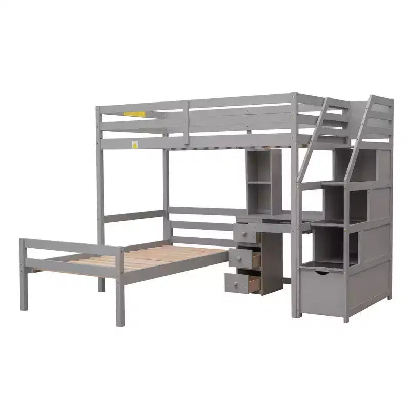 Letto a soppalco matrimoniale 241,3 cm L x 201,9 cm W con letto indipendente, scala contenitore, scrivania, mensole e cassetti