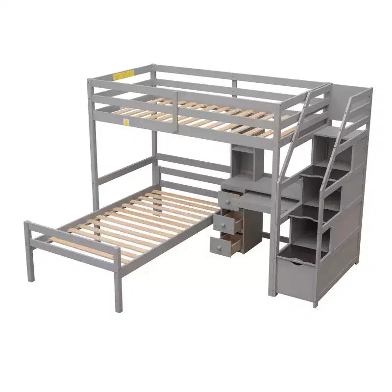 Letto a soppalco matrimoniale 241,3 cm L x 201,9 cm W con letto indipendente, scala contenitore, scrivania, mensole e cassetti