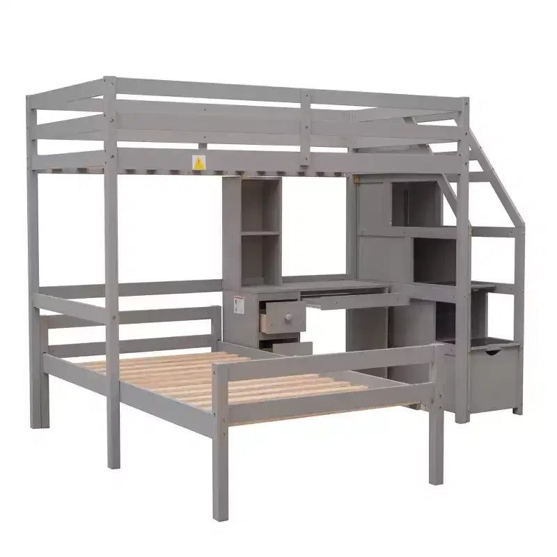 Letto a soppalco matrimoniale 241,3 cm L x 201,9 cm W con letto indipendente, scala contenitore, scrivania, mensole e cassetti