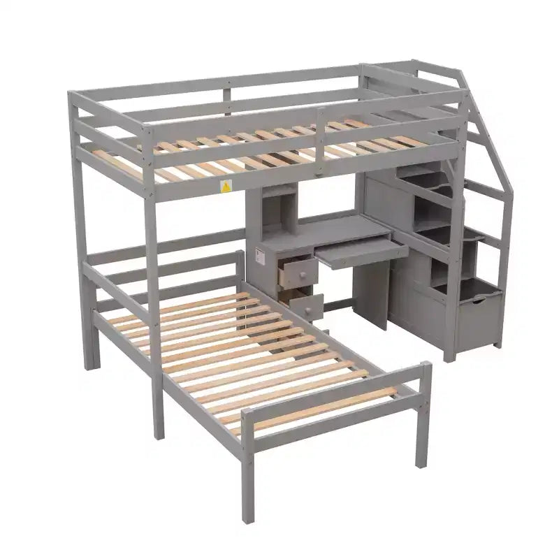 Letto a soppalco matrimoniale 241,3 cm L x 201,9 cm W con letto indipendente, scala contenitore, scrivania, mensole e cassetti