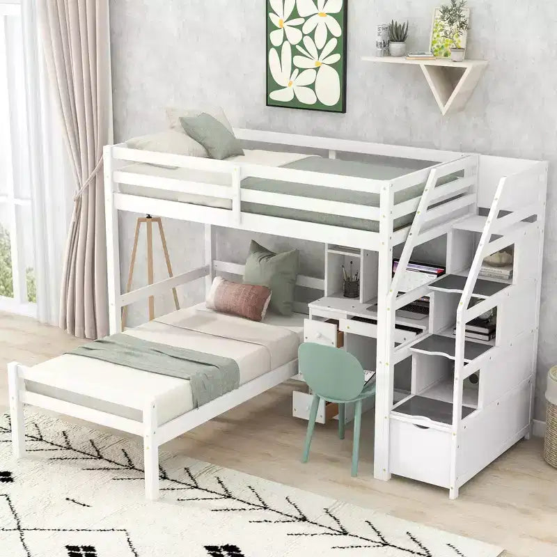Letto a soppalco matrimoniale 241,3 cm L x 201,9 cm W con letto indipendente, scala contenitore, scrivania, mensole e cassetti