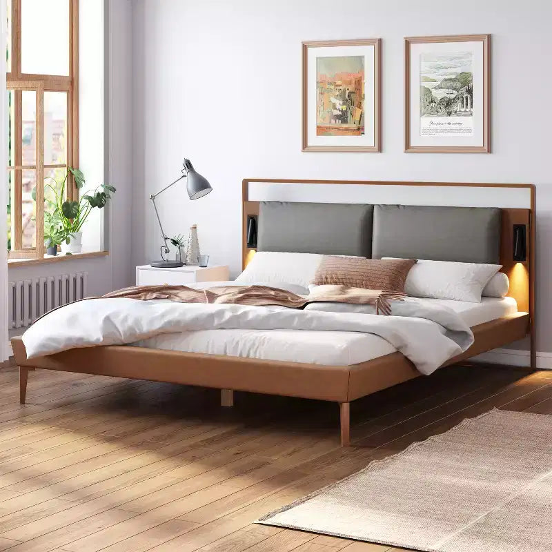 Struttura letto a piattaforma in legno Full/Queen/King Size con testiera imbottita in PU e 2 luci notturne, Marrone+Grigio