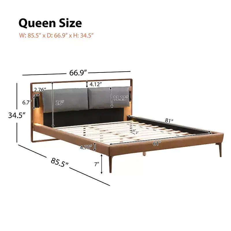 Struttura letto a piattaforma in legno Full/Queen/King Size con testiera imbottita in PU e 2 luci notturne, Marrone+Grigio