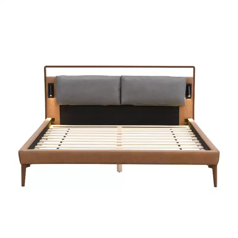 Struttura letto a piattaforma in legno Full/Queen/King Size con testiera imbottita in PU e 2 luci notturne, Marrone+Grigio