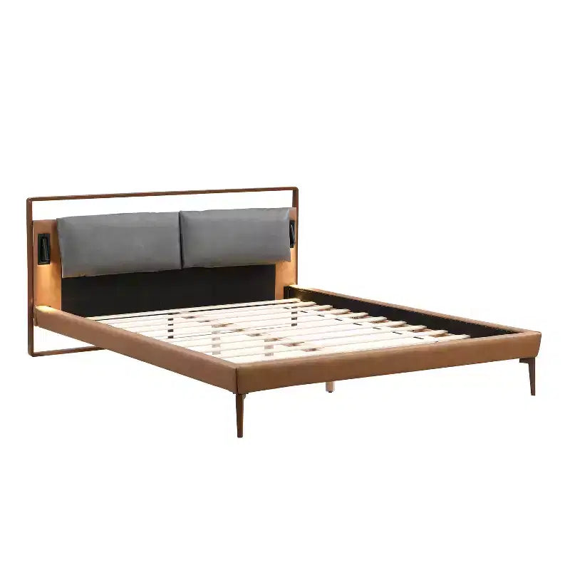 Struttura letto a piattaforma in legno Full/Queen/King Size con testiera imbottita in PU e 2 luci notturne, Marrone+Grigio