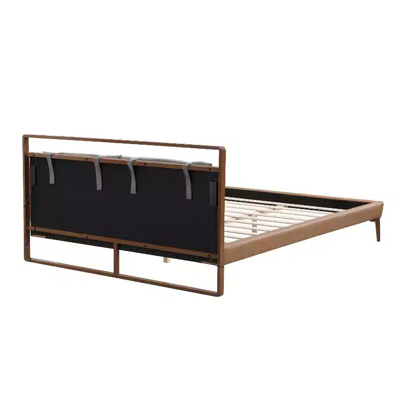 Struttura letto a piattaforma in legno Full/Queen/King Size con testiera imbottita in PU e 2 luci notturne, Marrone+Grigio