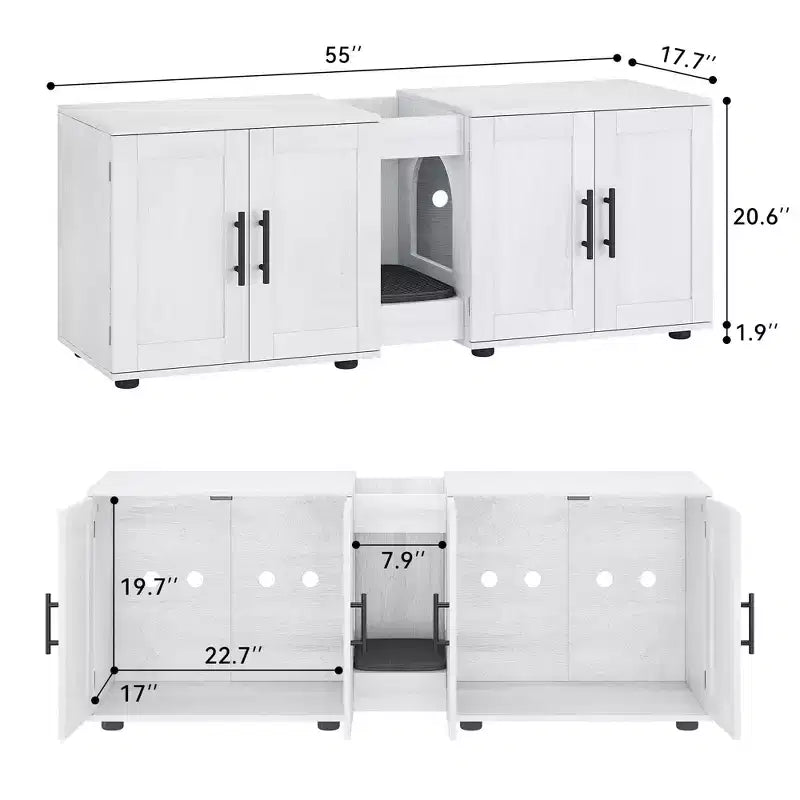 Mobile coprilavatrice per due gatti da 55 pollici, Porta TV, Superficie impermeabile facile da pulire, Chiusure per armadietto e scanalature portaoggetti, Mobile per animali domestici da soggiorno