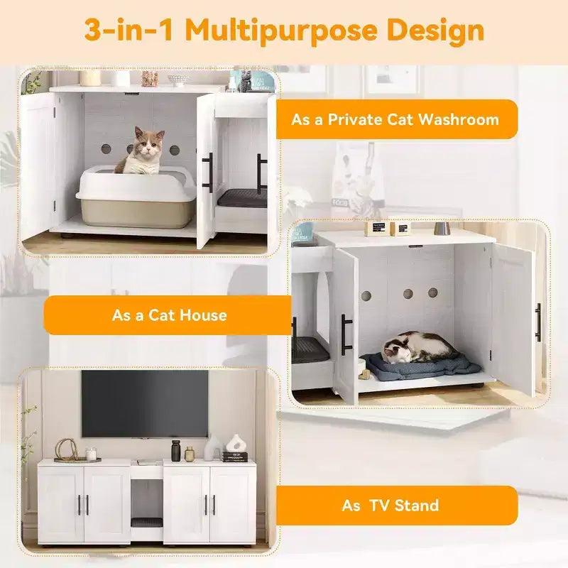 Mobile coprilavatrice per due gatti da 55 pollici, Porta TV, Superficie impermeabile facile da pulire, Chiusure per armadietto e scanalature portaoggetti, Mobile per animali domestici da soggiorno