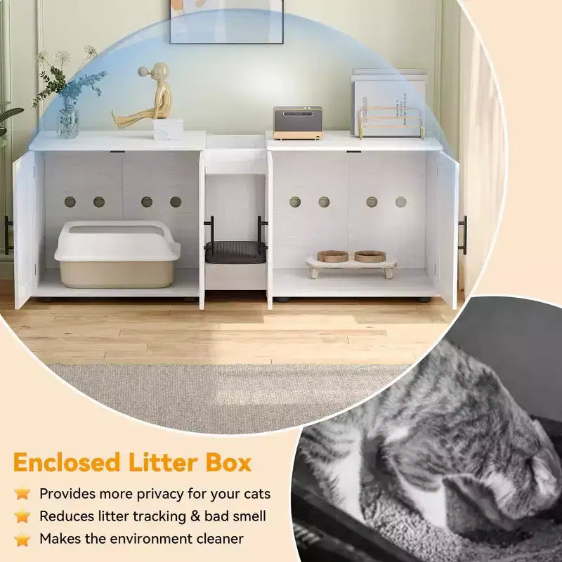 Mobile coprilavatrice per due gatti da 55 pollici, Porta TV, Superficie impermeabile facile da pulire, Chiusure per armadietto e scanalature portaoggetti, Mobile per animali domestici da soggiorno